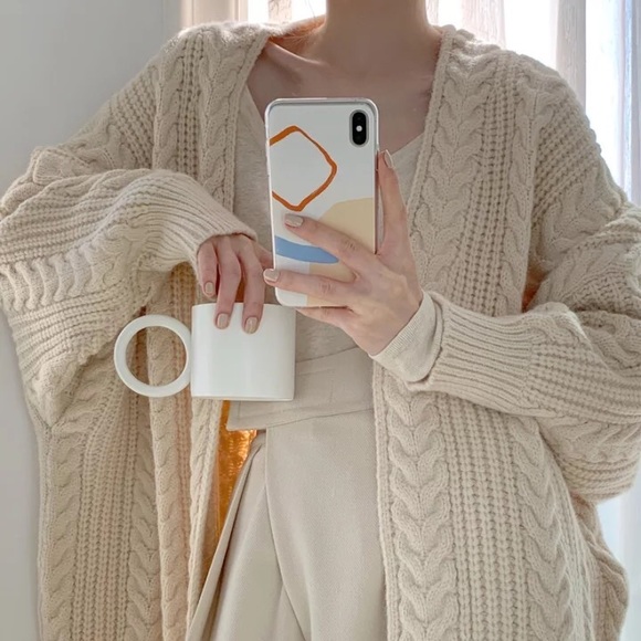 Twist cardigan sweater cable knit cream beige womens knit long sleeve - Picture 6 of 11